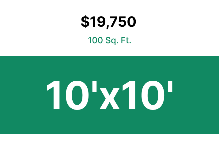 A green sign that says `` $ 19,750 100 sq. ft. ''