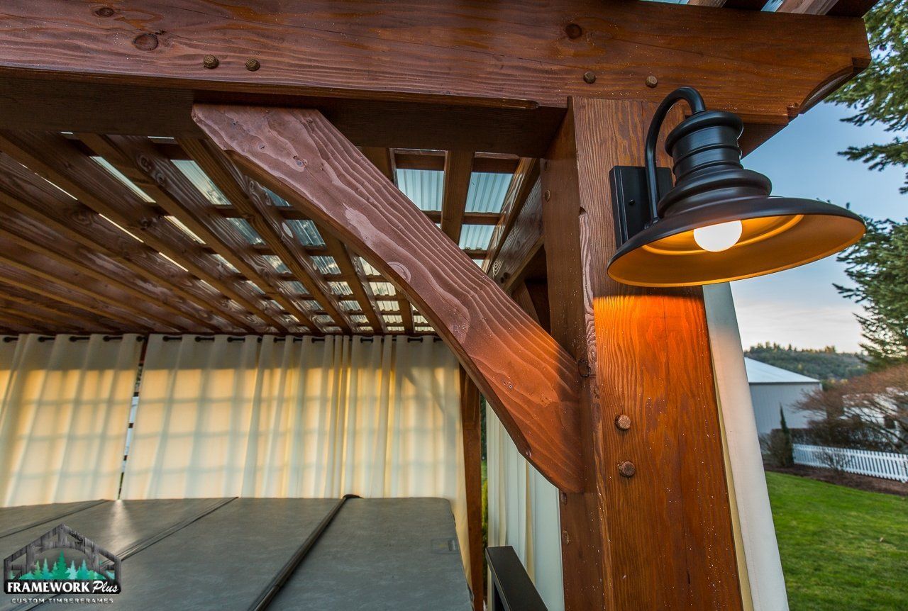 A chandelier is hanging from the ceiling of a wooden structure.