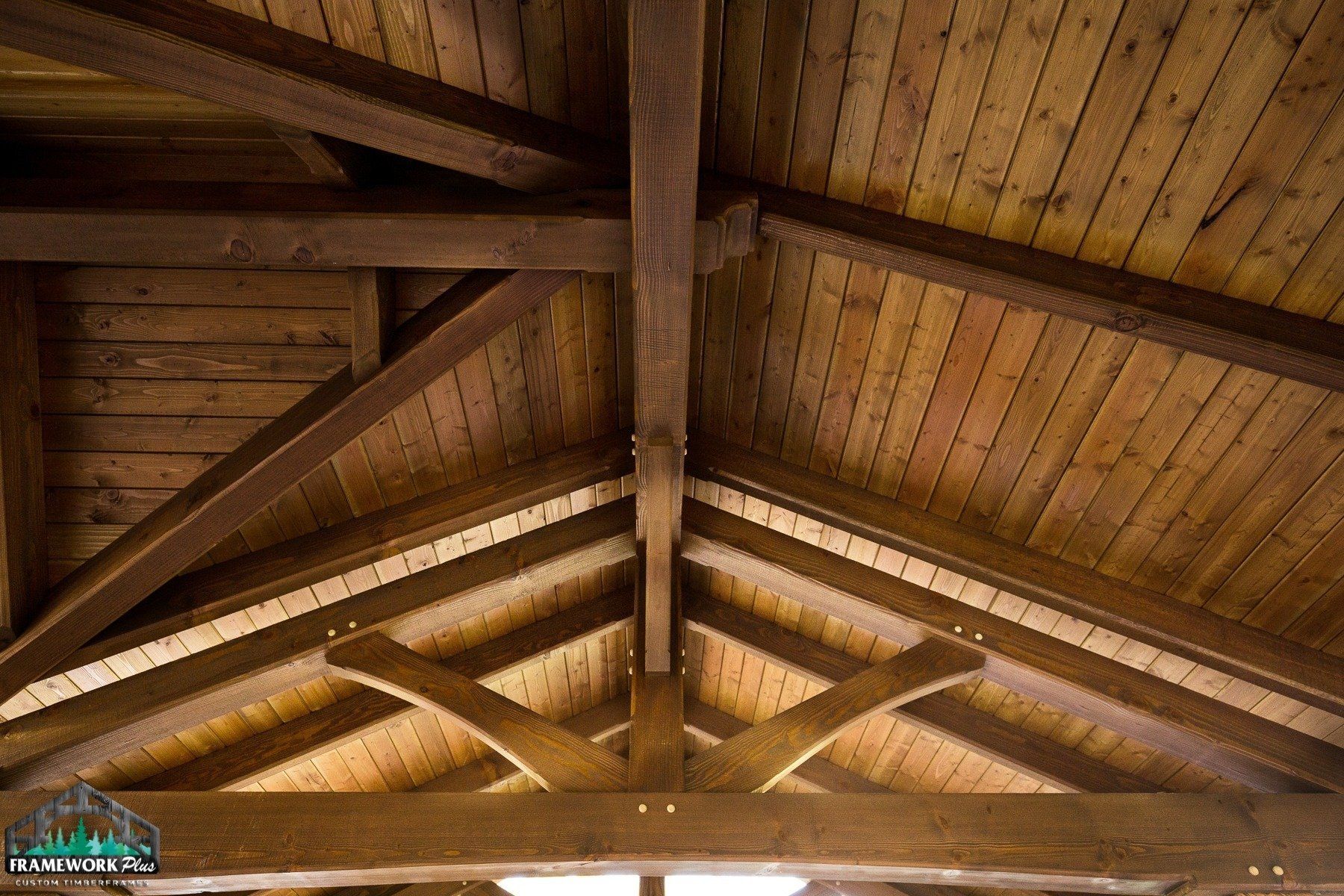 Looking up at the ceiling of a wooden structure.