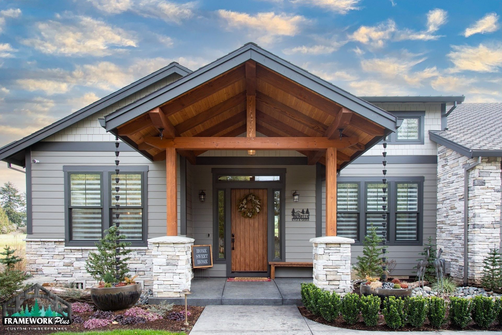 A house with a wooden porch and a wooden door