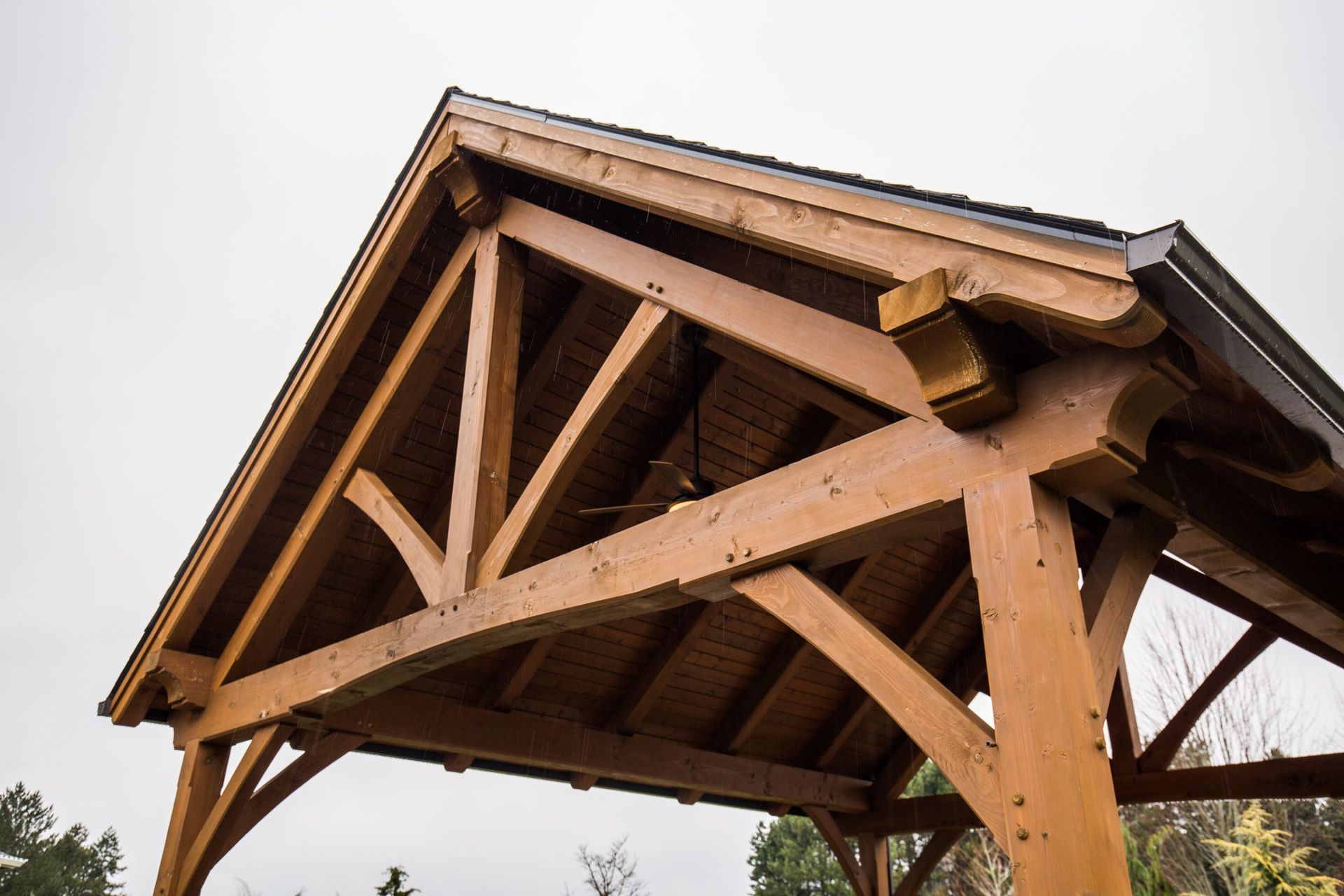 A close up of a wooden structure with a roof