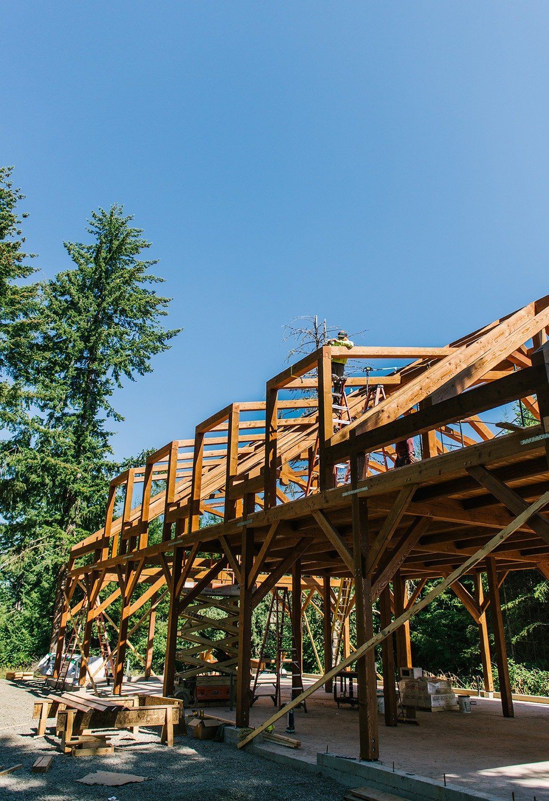 A large wooden structure is being built in the woods.