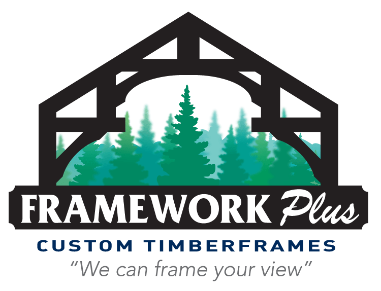 A logo for framework plus custom timberframes