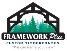 A logo for framework plus custom timberframes