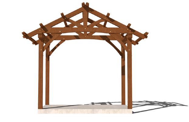 A 3d model of a wooden pergola on a white background