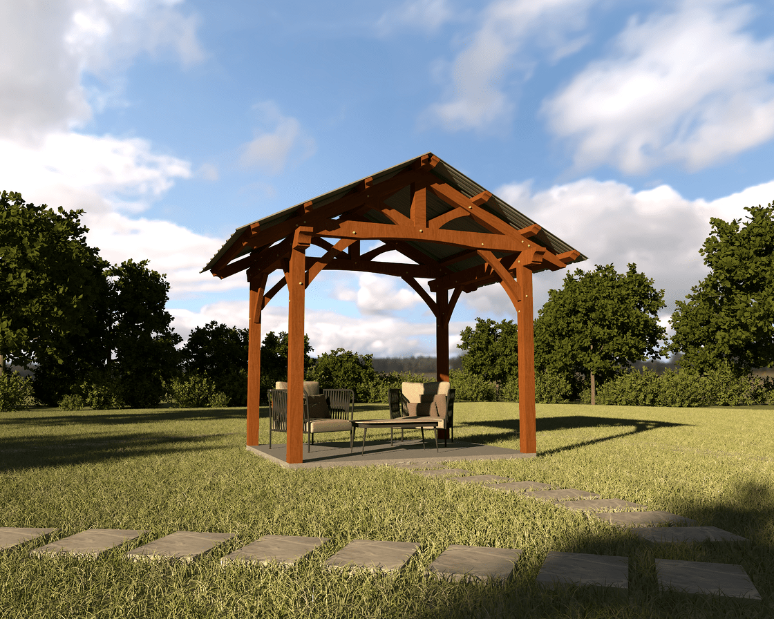 A wooden gazebo in the middle of a grassy field