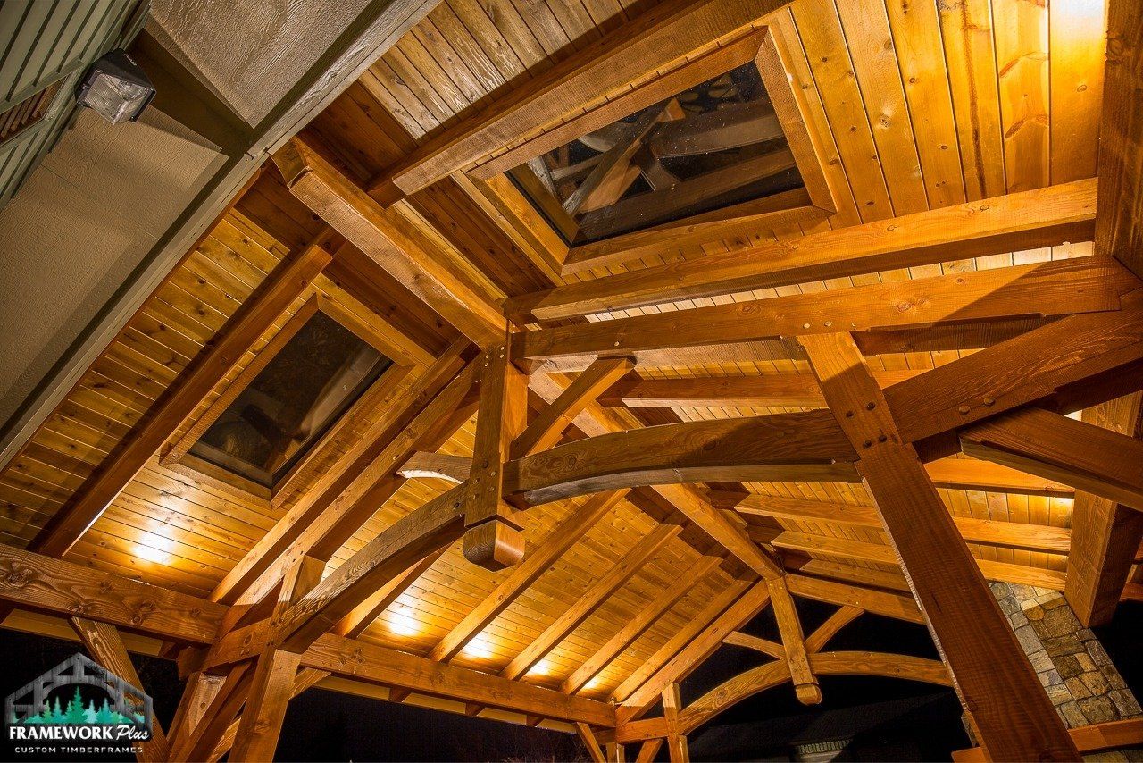 Looking up at the ceiling of a wooden structure at night.
