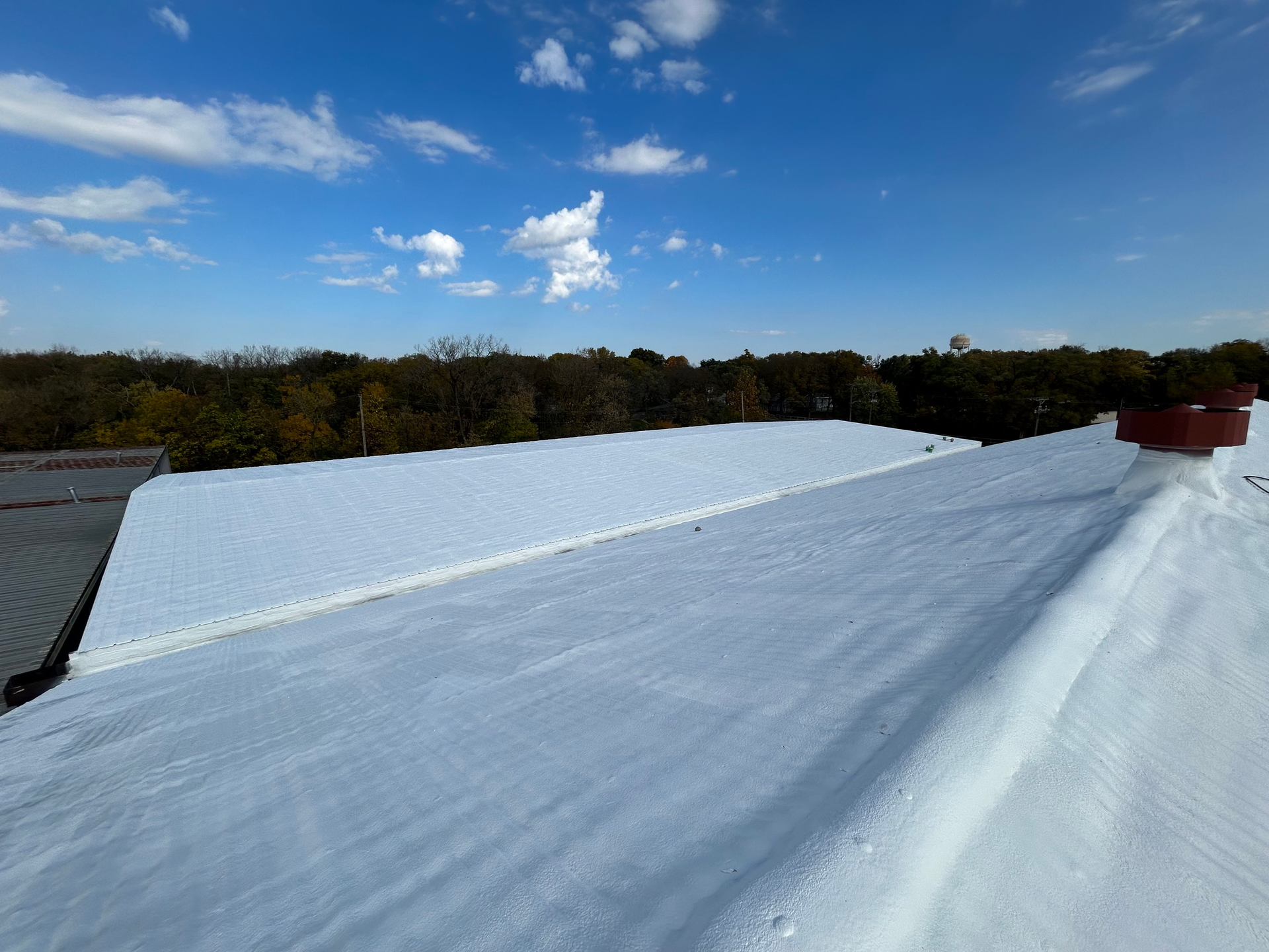 White rooftop with blue sky and clouds above a treeline
