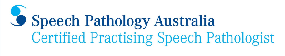 Speech Pathology Australia logo with blue icon and text “Certified Practising Speech Pathologist”