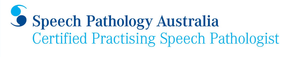 Speech Pathology Australia logo with blue icon and text “Certified Practising Speech Pathologist”