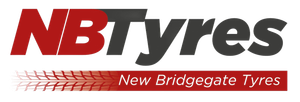 A red and blue logo for nb tyres