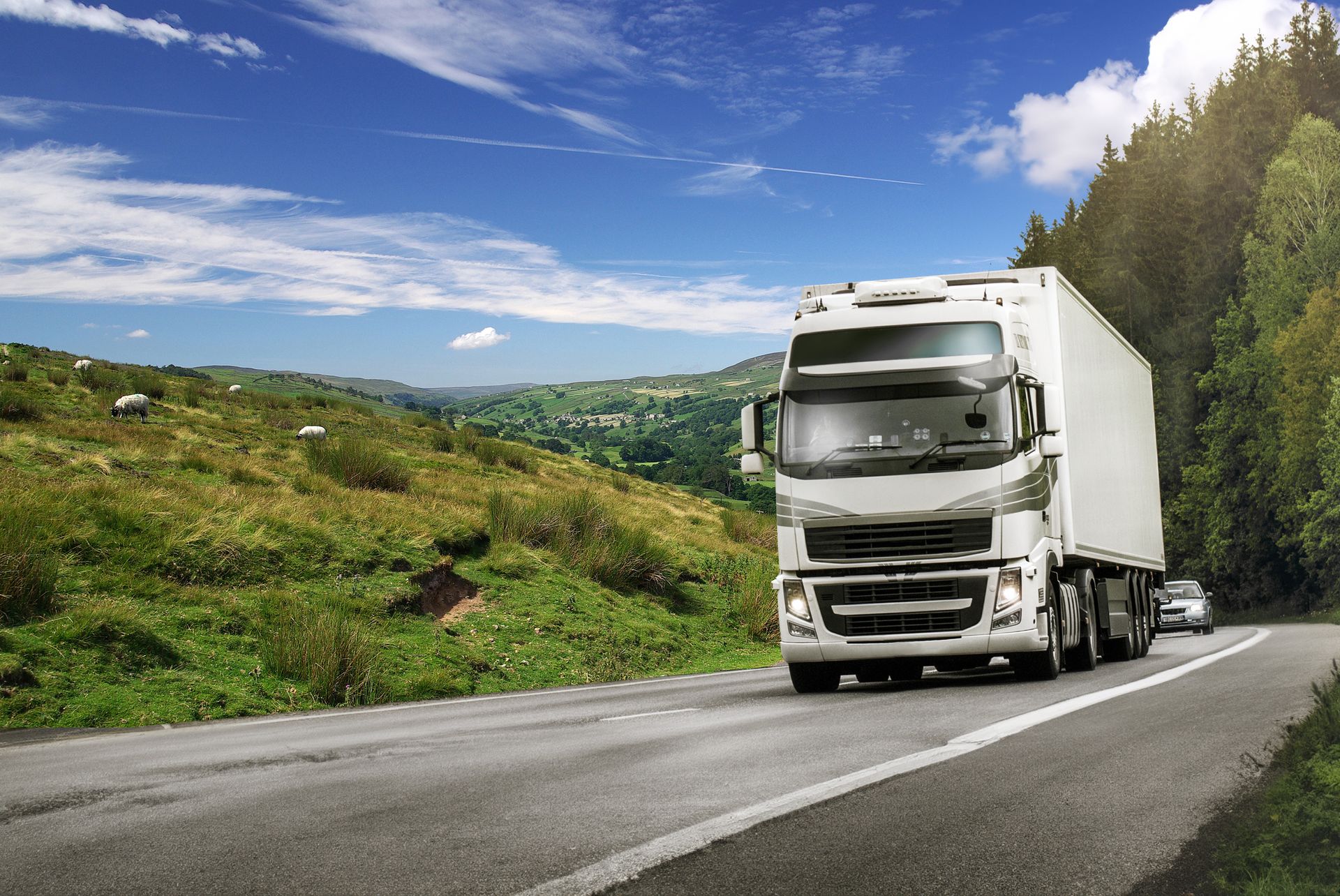 A white semi truck is driving down a mountain road.