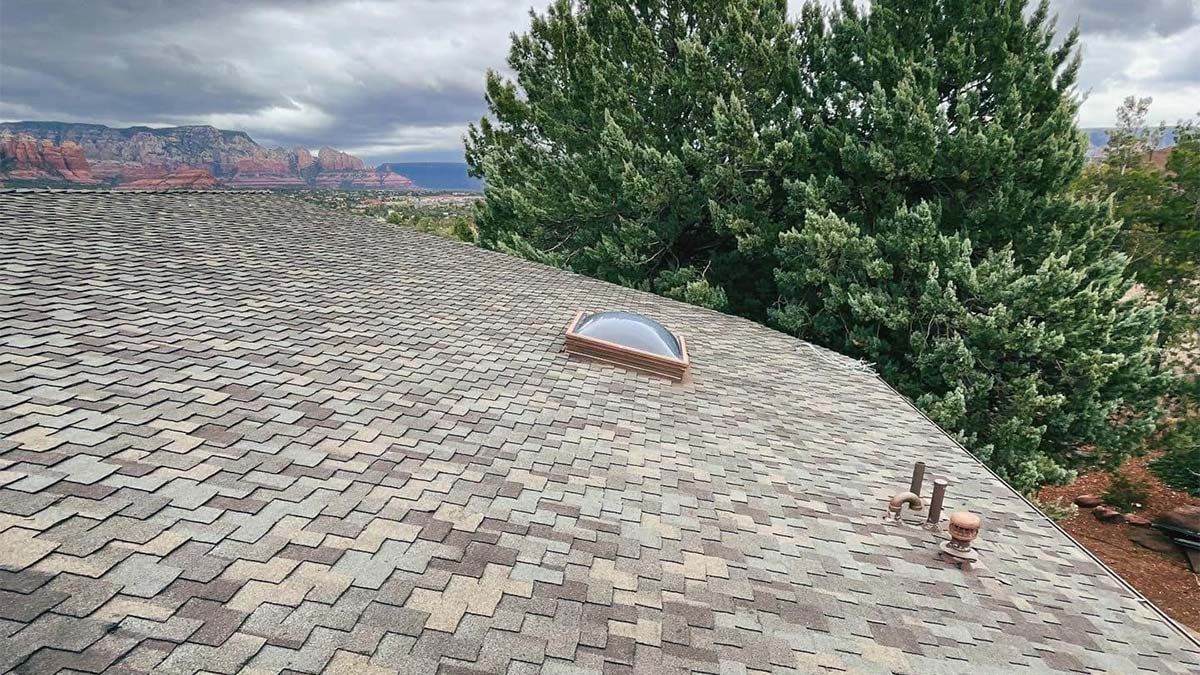 Roof with shingles, skylight, and tree, with mountains in the background under an overcast sky.