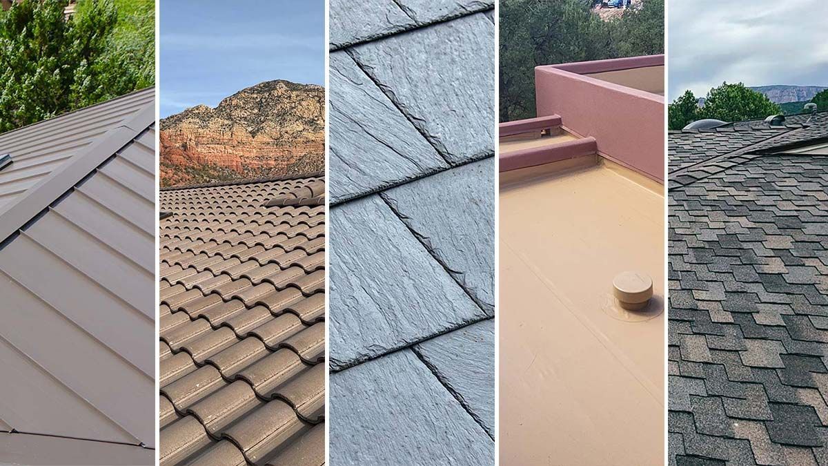 Five roof types: metal, clay tile, slate, flat roof with stairs, asphalt shingles.