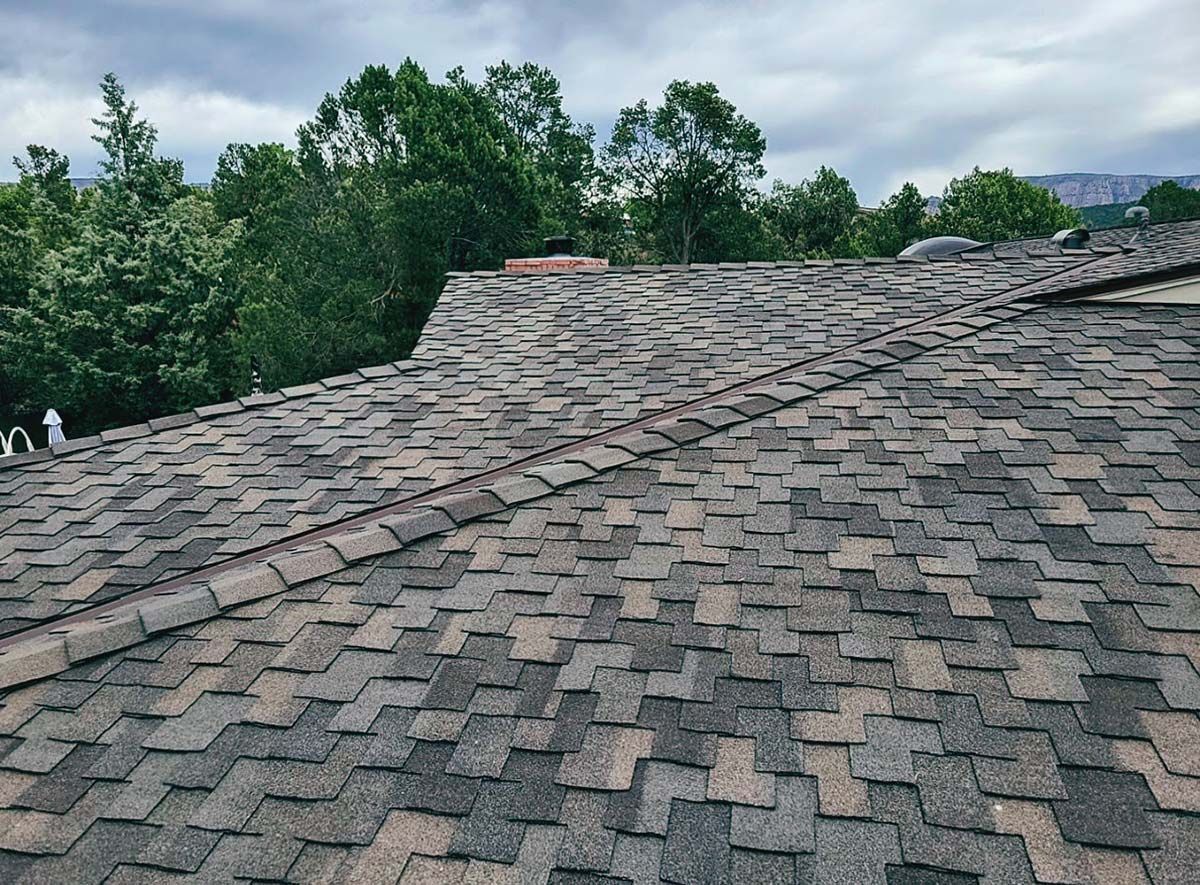 Shingled roof with various shades of brown and gray; trees and cloudy sky in background.