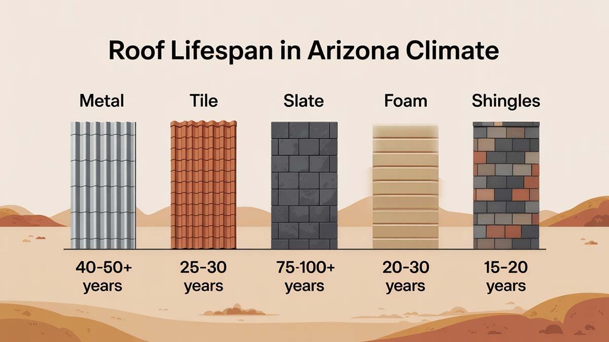 Roof lifespan in Arizona climate. Metal, tile, slate, foam, and shingle roof lifespans are displayed in years.