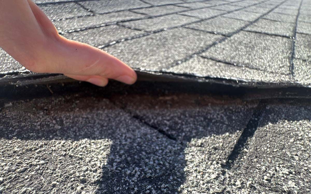 Hand lifting the edge of a damaged asphalt shingle roof, exposing a crack.