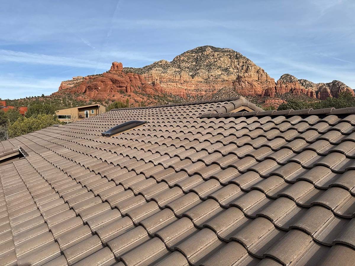 Brown tiled roof with mountain in the background under a blue sky.