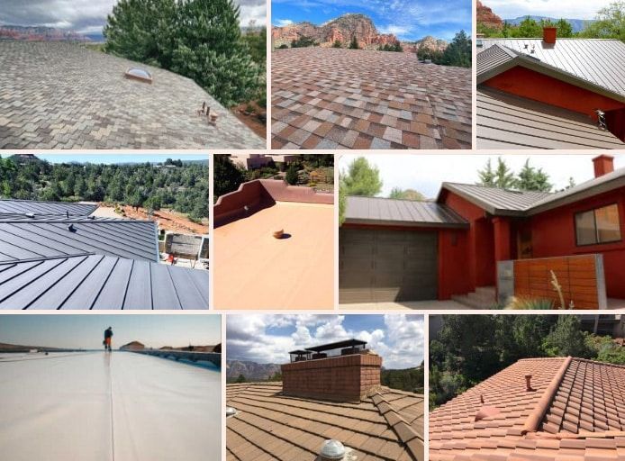 Collection of various roofing materials: asphalt shingles, metal, tile, and flat roofs.