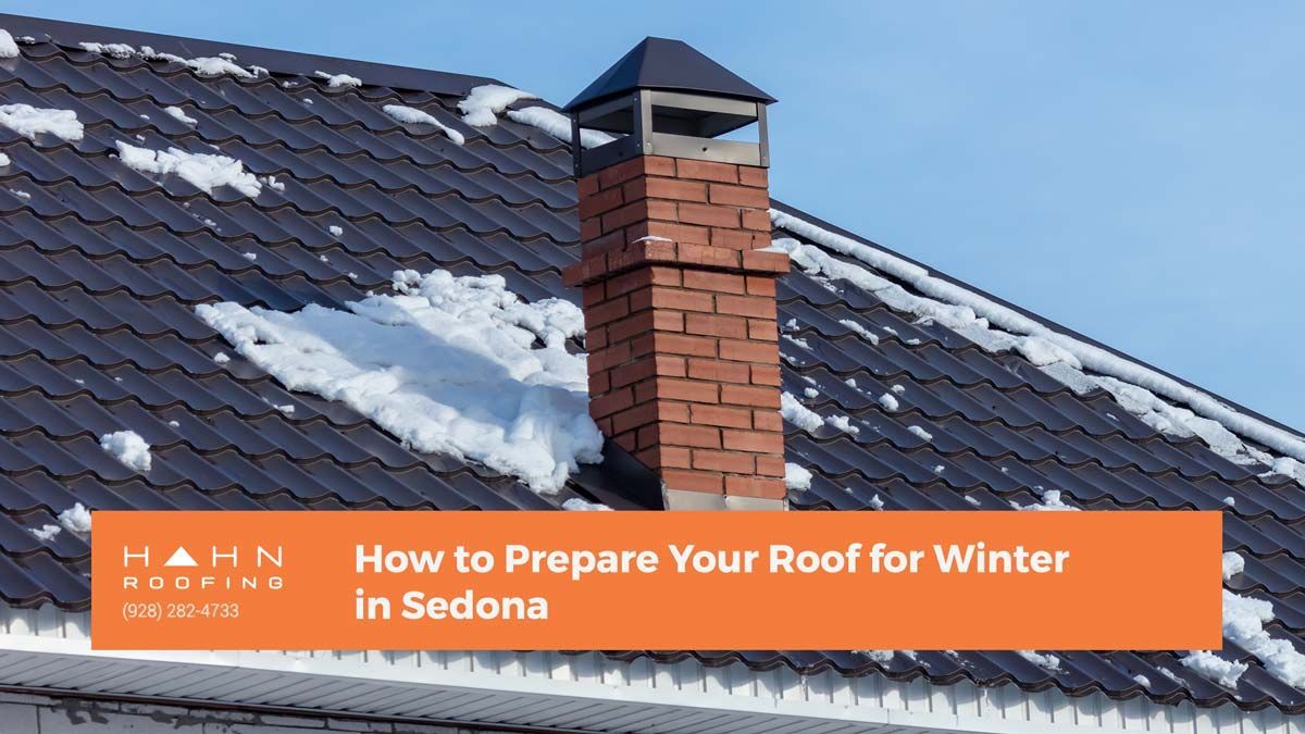 Snow-covered roof with a brick chimney in Sedona; orange text reads, 