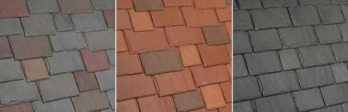 Three roofing tile color variations: multicolored, red-brown, and gray.