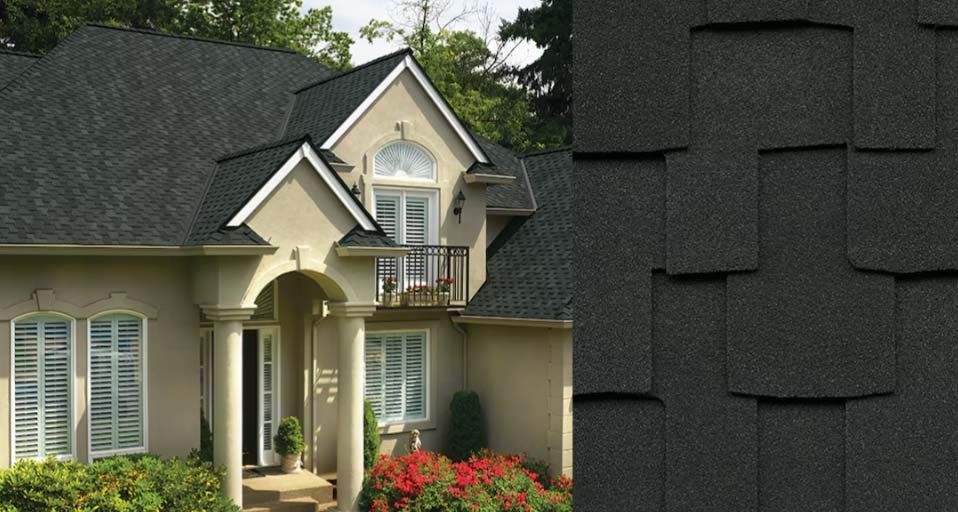 House with black asphalt shingle roof, with a close-up of the shingles. Beige stucco exterior.