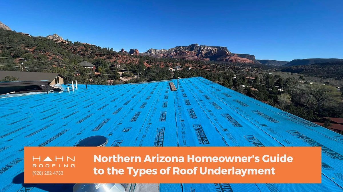 Rooftop with blue underlayment, text: 