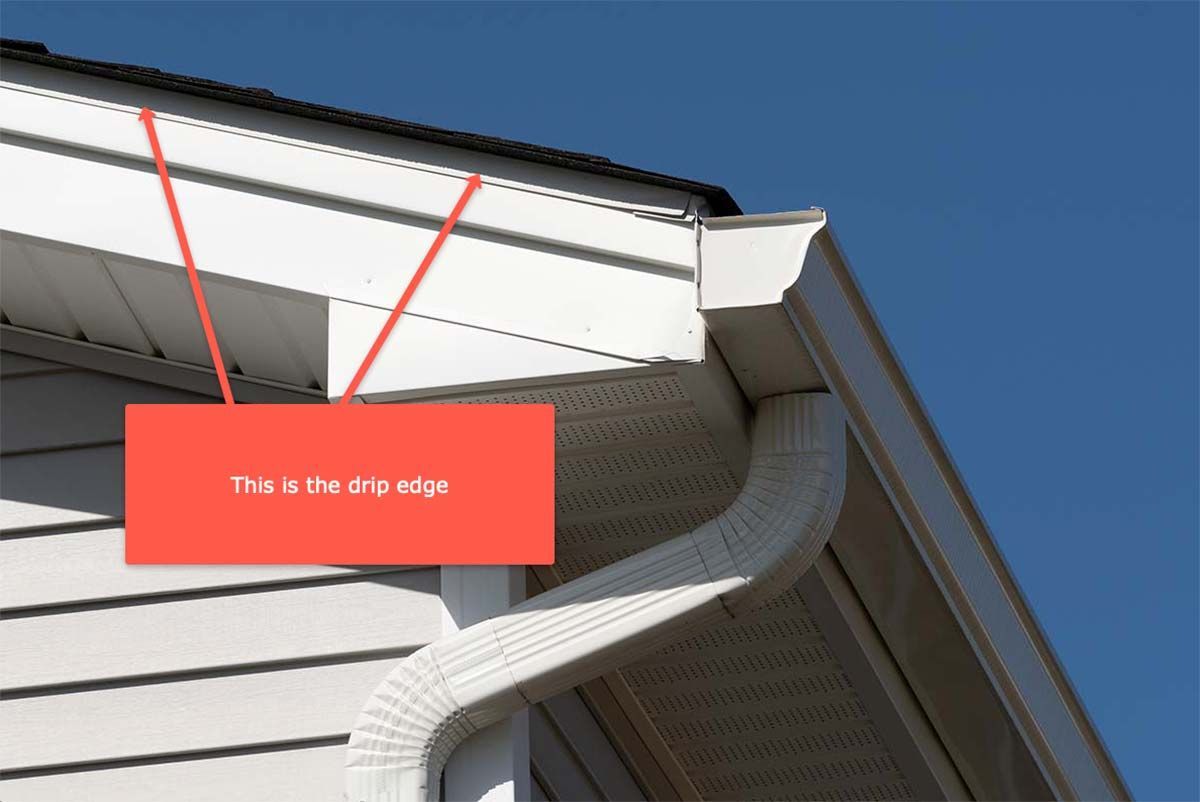 White house siding with a gutter and drip edge highlighted in a diagram.
