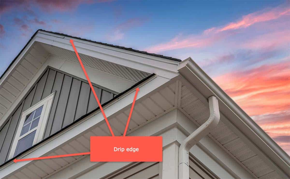 Close-up of house exterior with a gutter. A red box points to the drip edge. Blue sky with sunset.