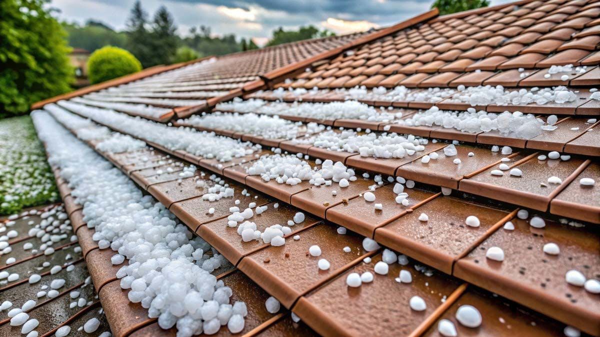 Hailstones cover a brown tile roof under an overcast sky.