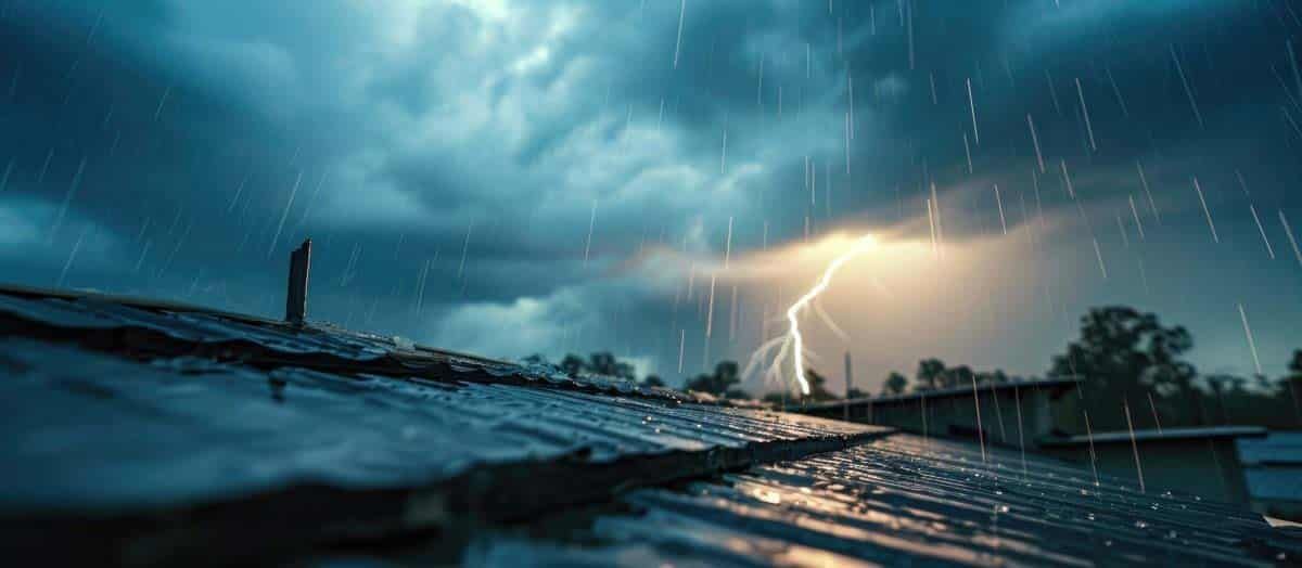 Lightning strikes during a rainstorm, viewed over a wet rooftop. Dark clouds and heavy rain.