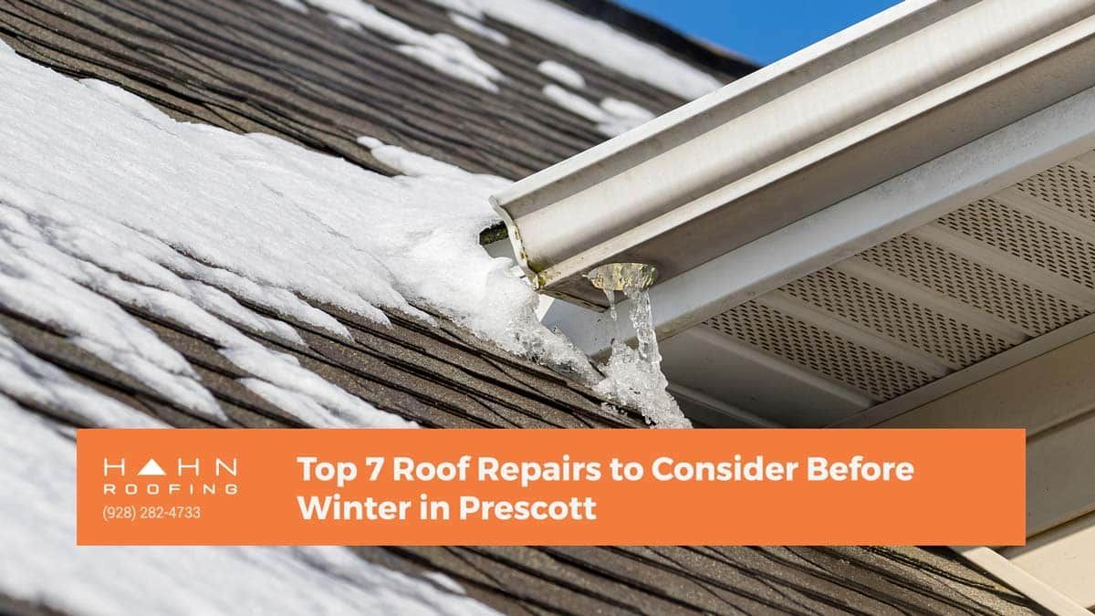 Snow-covered roof with icicles; text overlay: 
