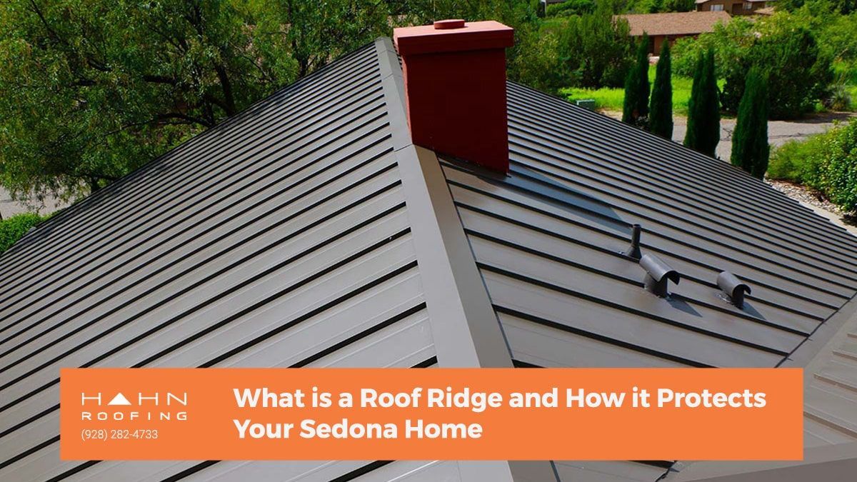 Metal roof with ridge, chimney, and vent pipes, text overlay 