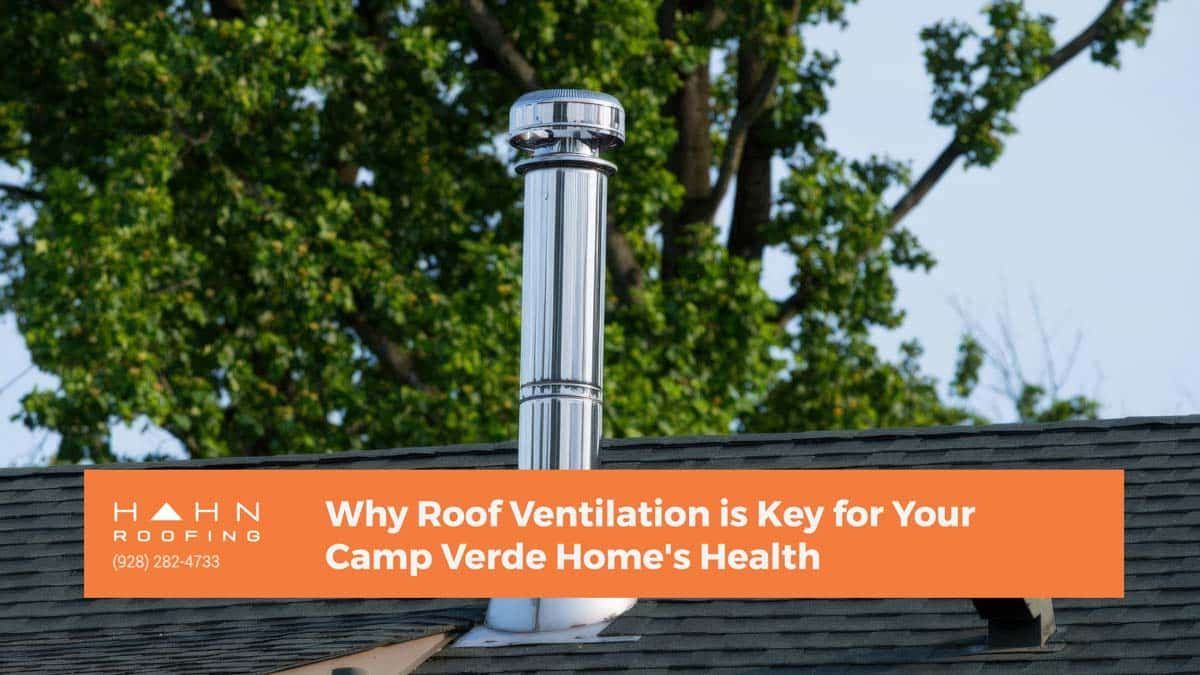 Shiny metal chimney on a roof with text: 