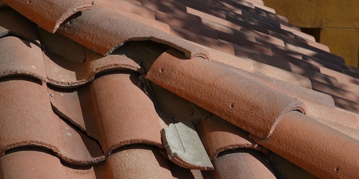 Close-up of a red clay tile roof, with shadows from foliage above.