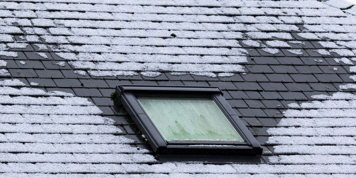Snow-covered roof with a skylight. Snow partially melted around the skylight.