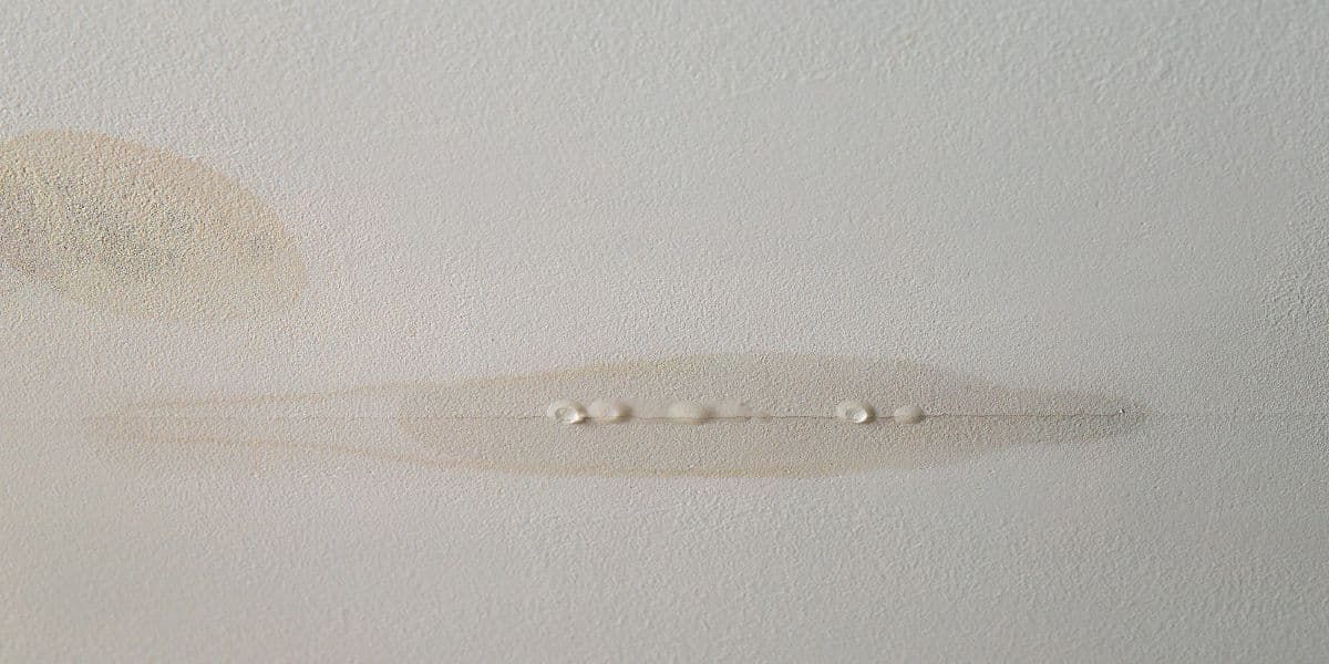 Brown water stains and bubbles on a white ceiling, indicating a possible leak.