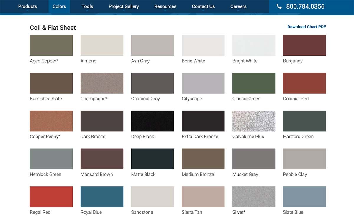 Color chart of metal roofing options in various shades and hues.