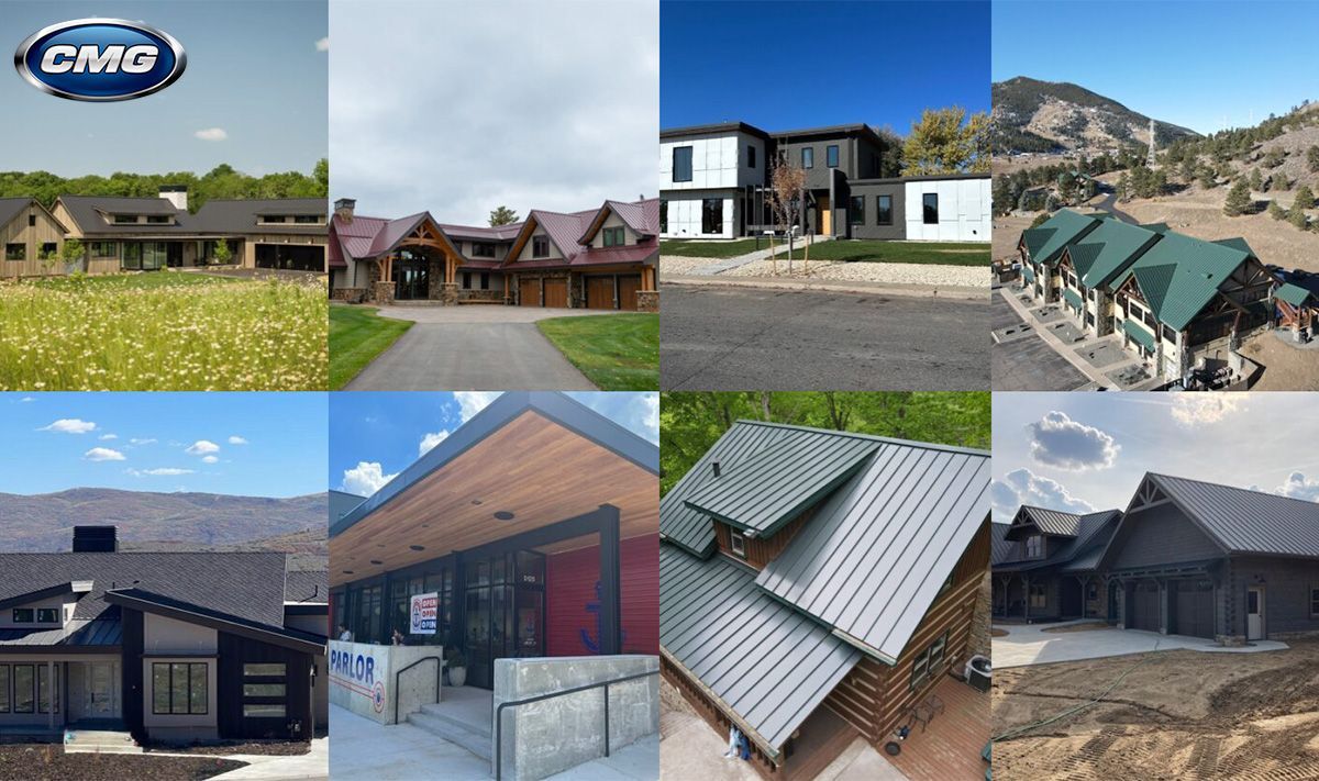 Assortment of homes with varying architectural styles and settings, showcasing exteriors; some with metal roofs.
