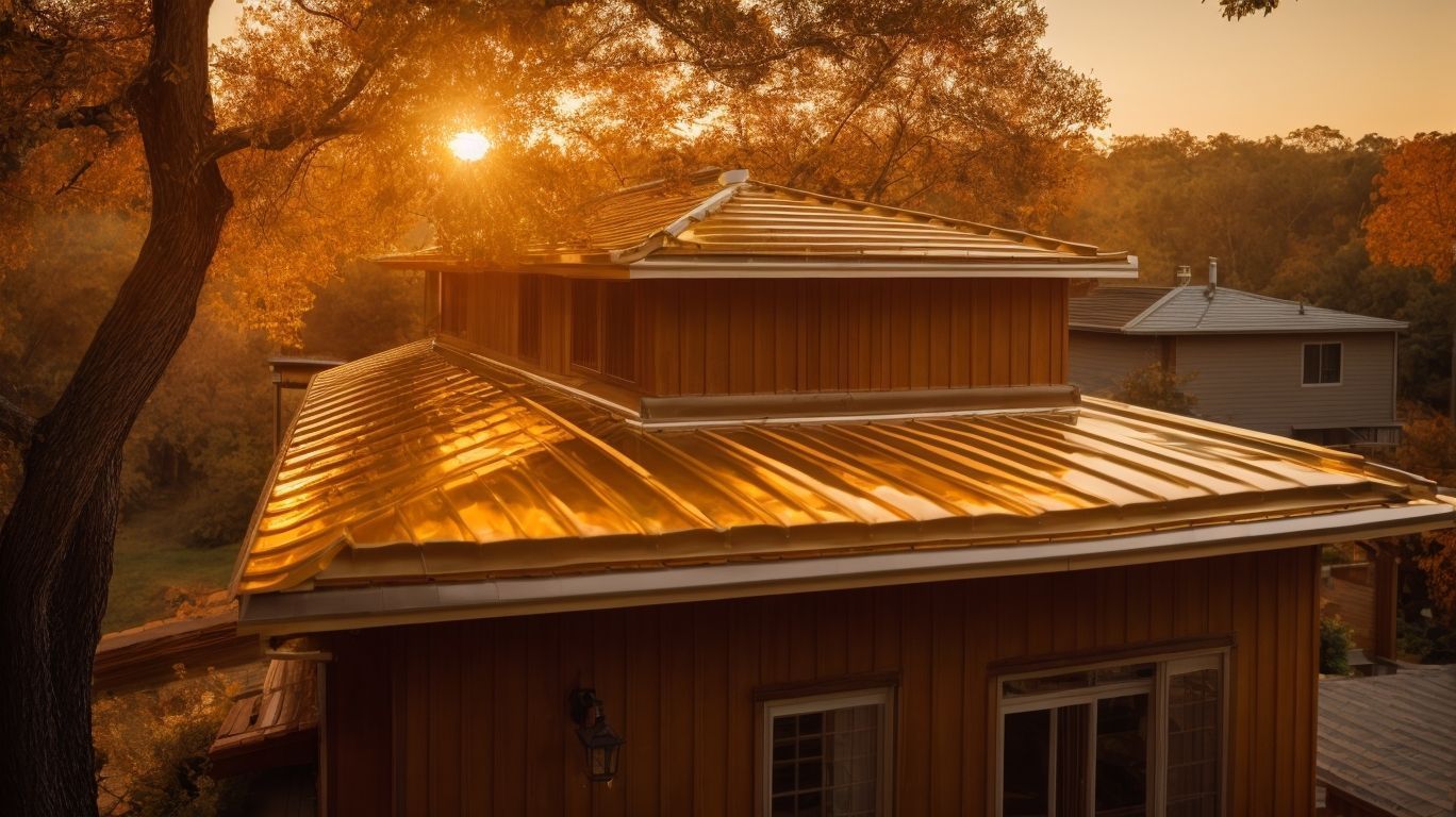 Wooden house with a metal roof bathed in golden sunlight. Autumn leaves surround it.