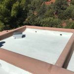 Flat roof with light gray surface, brown edges, and a metal vent, with trees in the background.