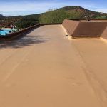 Brown flat roof with tan coating; a mountain and trees are in the background.
