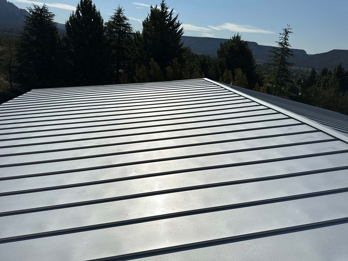 Metal roof with parallel lines, reflecting sunlight. Trees and mountains in background.