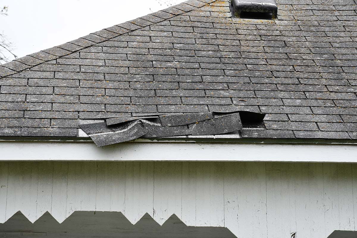 Damaged asphalt shingle roof section. White siding below.