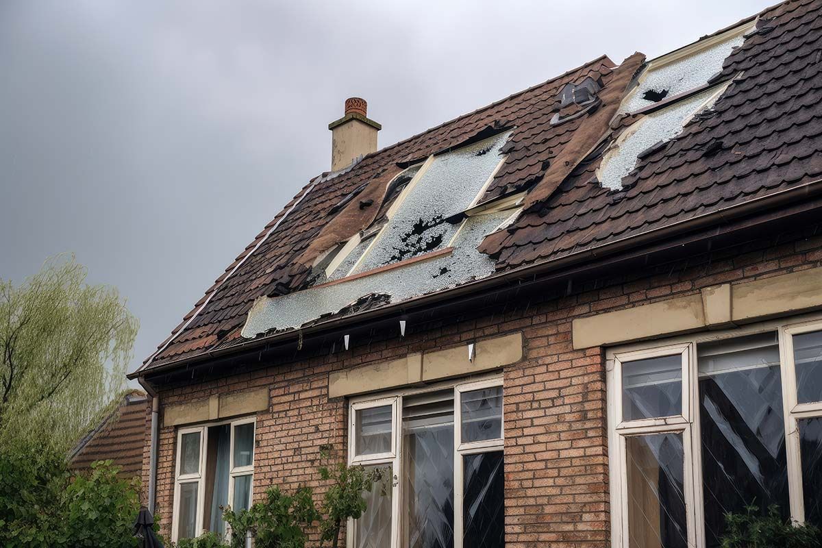 Damaged roof on a brick house, broken tiles, cloudy sky.