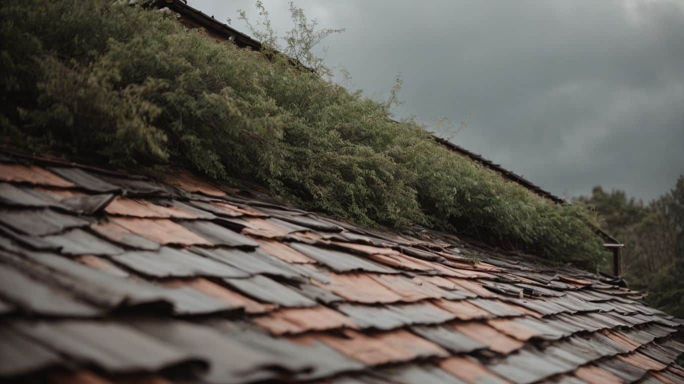 An aerial view of a house with a complex, shiny, metal roof. A brick chimney is visible.