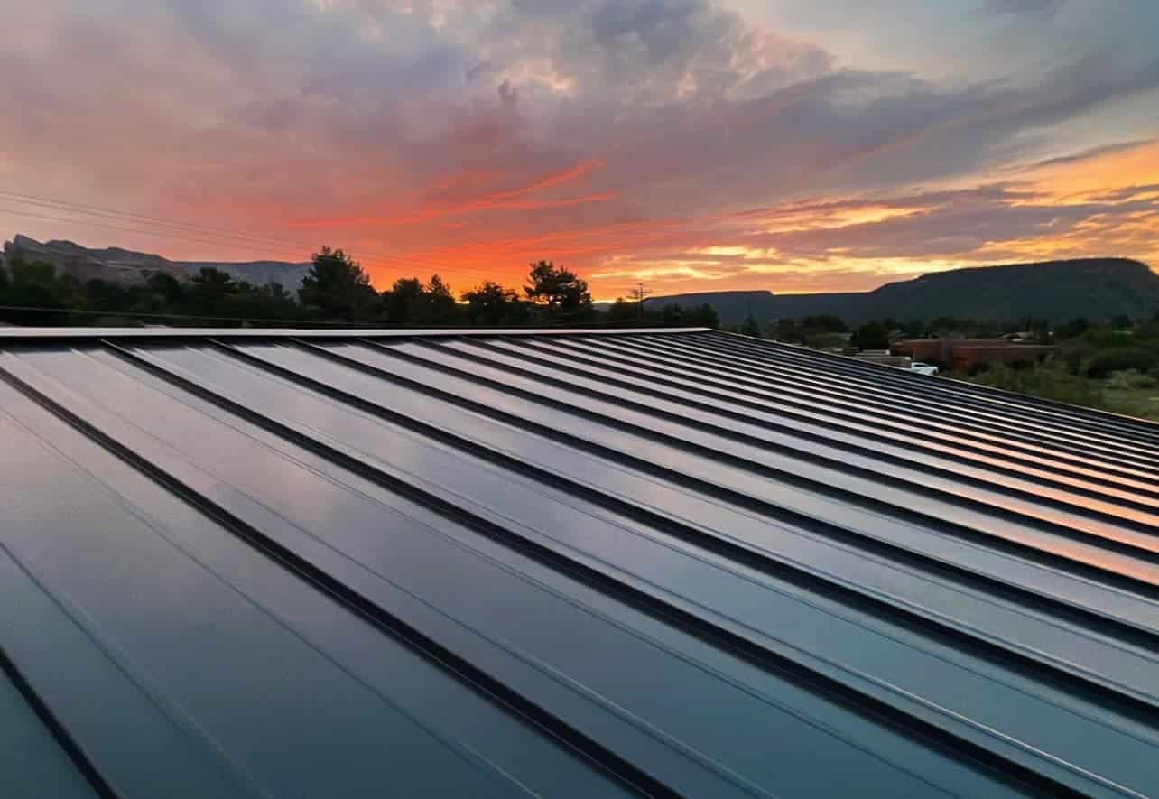 Metallic roof reflecting sunset colors with mountain backdrop.