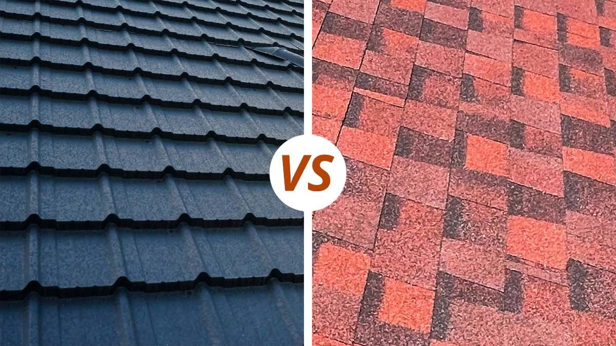 Comparison of two roofing materials: dark gray metal tiles vs. red and black asphalt shingles.