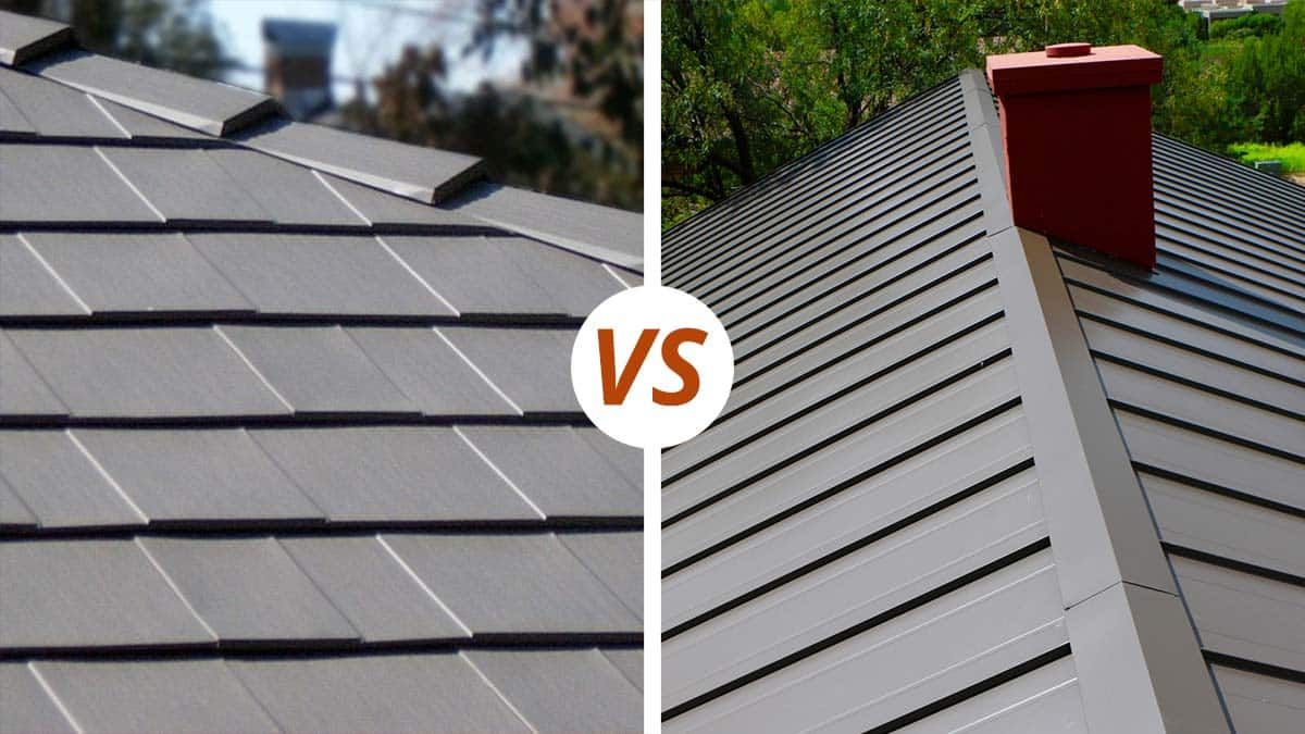 Two gray metal roofing styles side-by-side, one shingle style, the other ribbed with a red chimney.