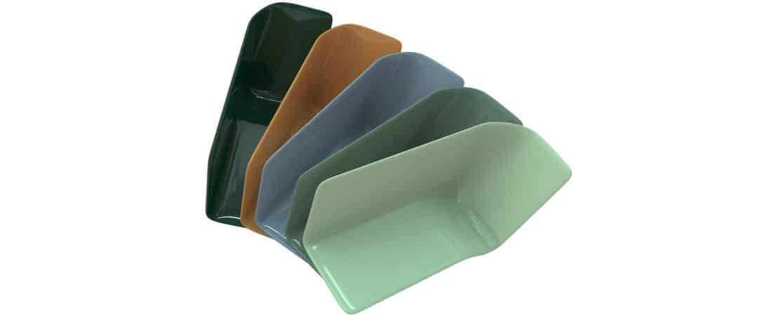 Five colorful, angled scoops, in green, blue, brown, and black.